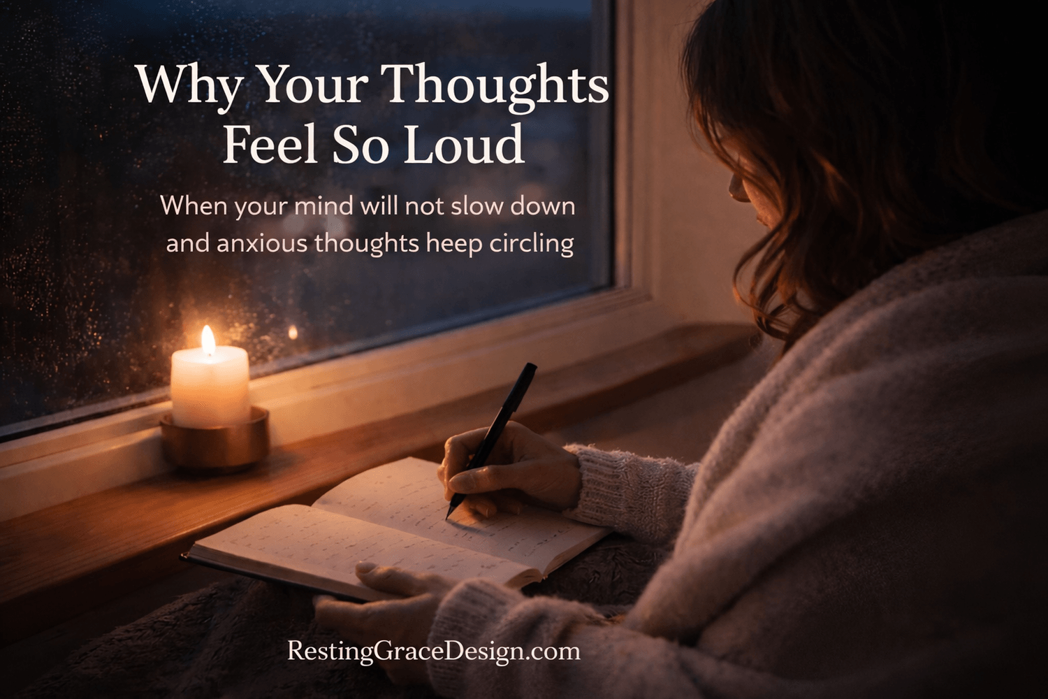 Why Your Thoughts Feel So Loud — When your mind will not slow down and anxious thoughts keep circling, it can feel exhausting and discouraging. Discover why racing thoughts happen and how God meets you with grace, understanding, and peace in the middle of emotional overwhelm. From the article “Be Still When Your Thoughts Feel Loud” – Christian encouragement for anxiety and racing thoughts by RestingGraceDesign.com.