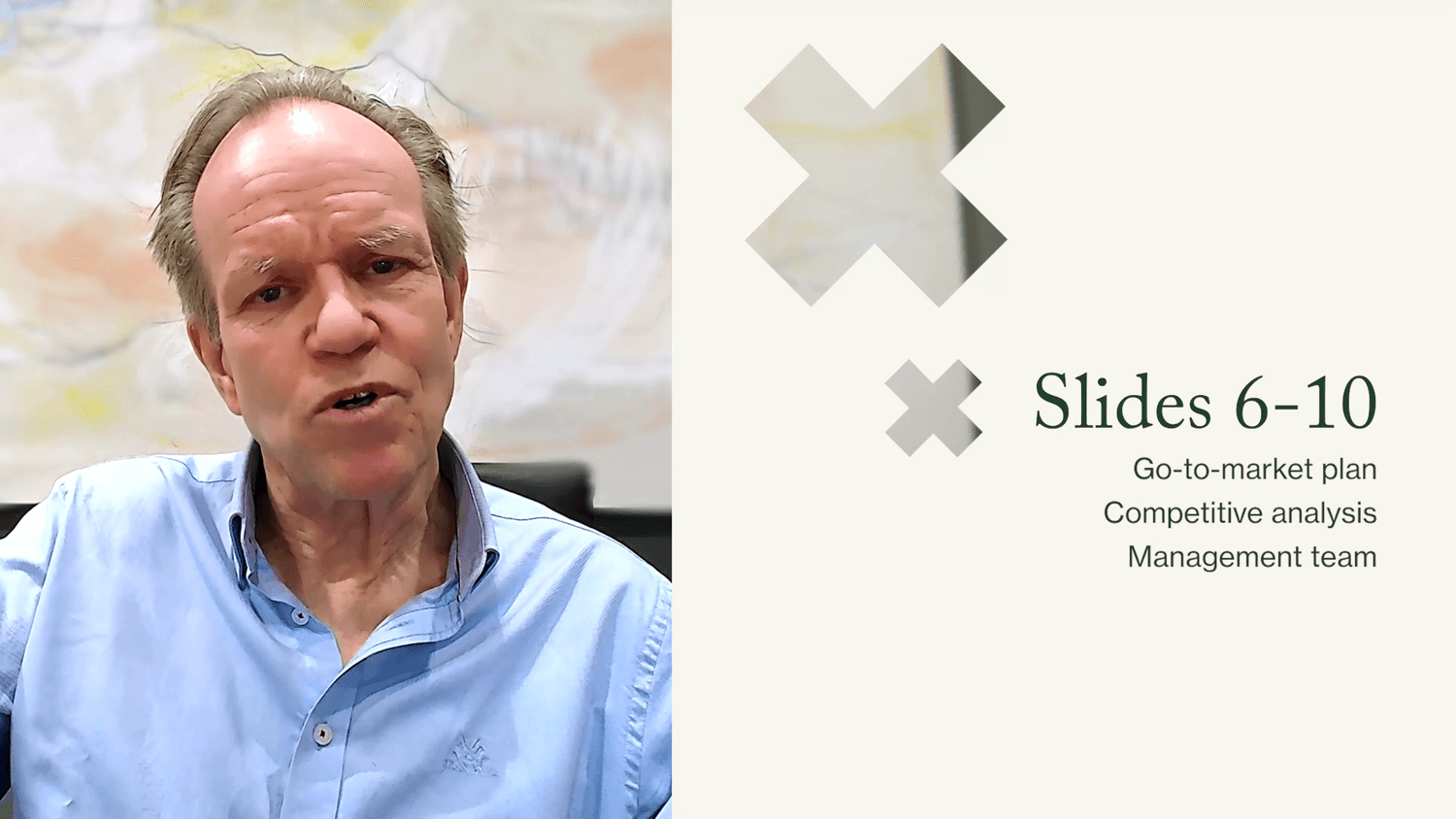 Pitch deck framework slide covering go-to-market plan, competition, and management team