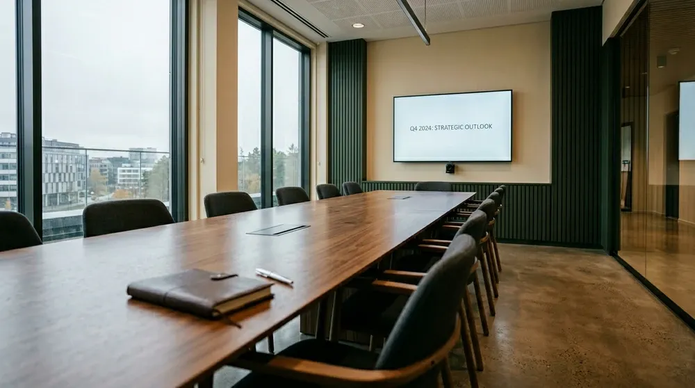 Empty modern boardroom with a large screen displaying a strategic outlook presentation slide