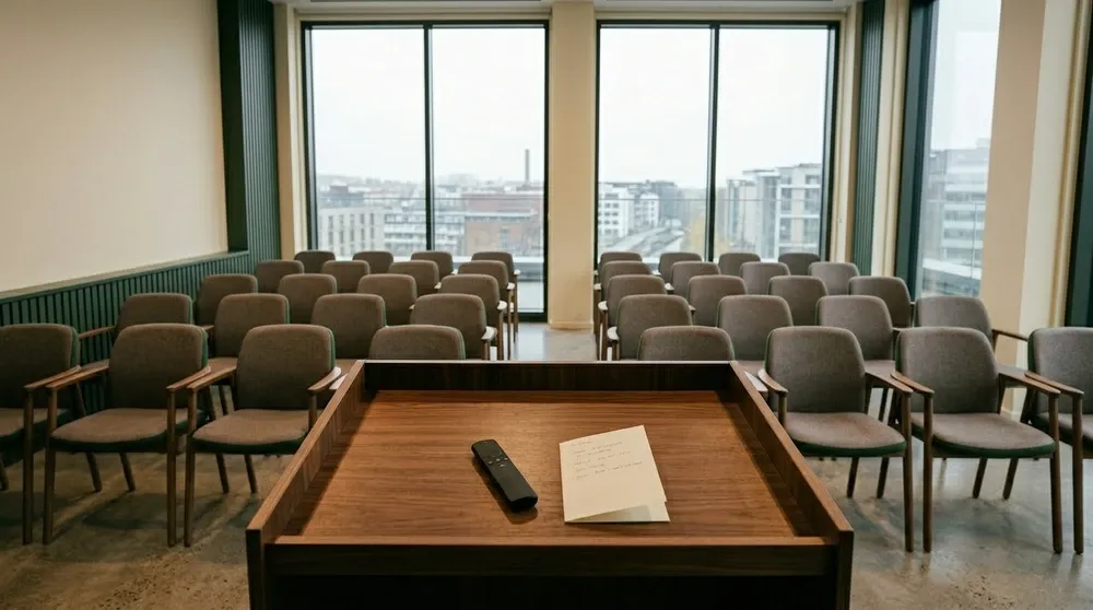 Empty presentation room with a podium, remote, and notes, ready for a speaker