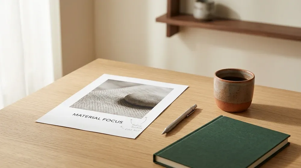 Minimalist Scandinavian desk with paper, pen, notebook, and coffee cup. Planning a presentation.