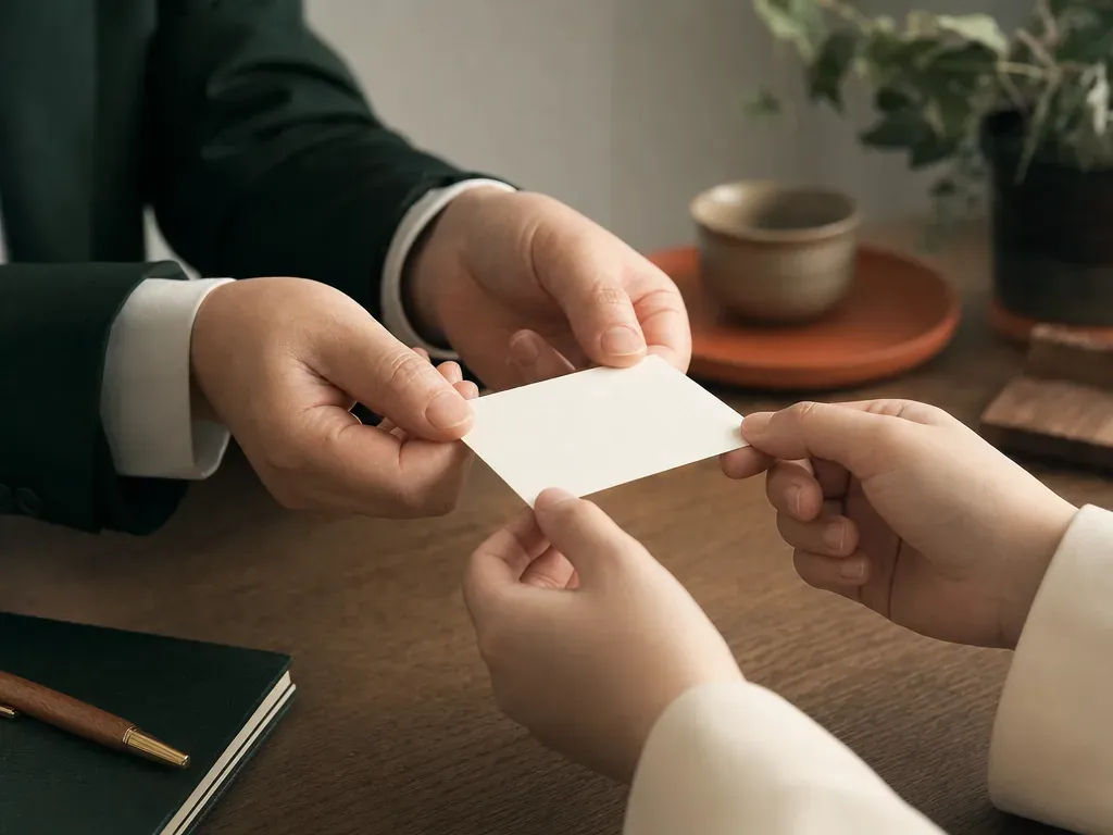 Exchanging a business card with both hands over a wooden table, a high-context gesture of respect in Japanese business