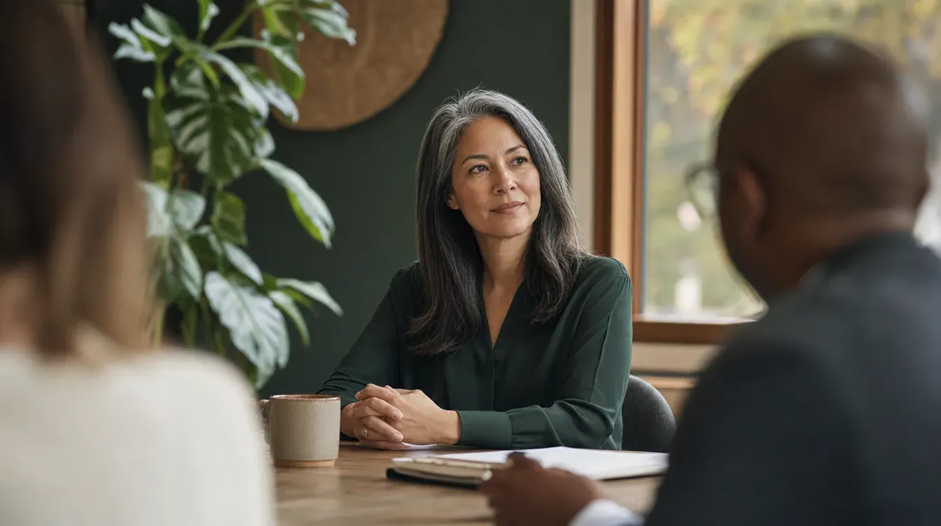A calm leader observing quietly at a meeting table, reading the room before speaking