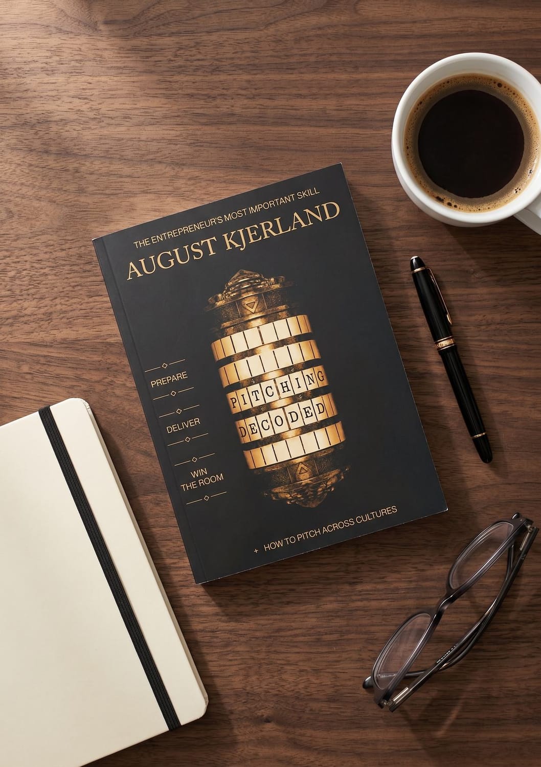 Pitching Decoded by August Kjerland on a desk with a notebook and coffee