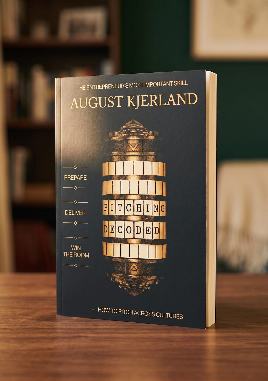 Pitching Decoded by August Kjerland, the printed paperback standing on a desk