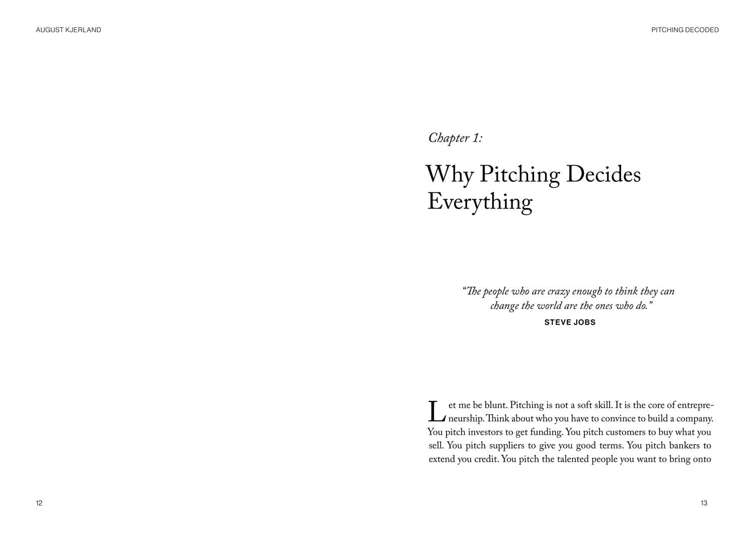 Chapter one of Pitching Decoded opening on the spread: Why Pitching Decides Everything