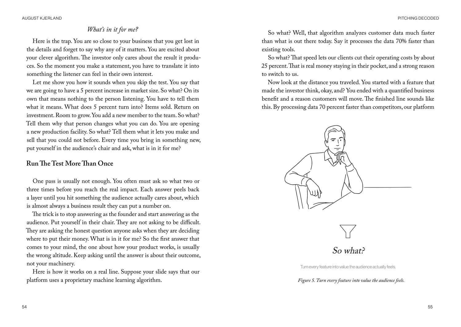 Book spread on the So what test: turn every feature into value the audience feels