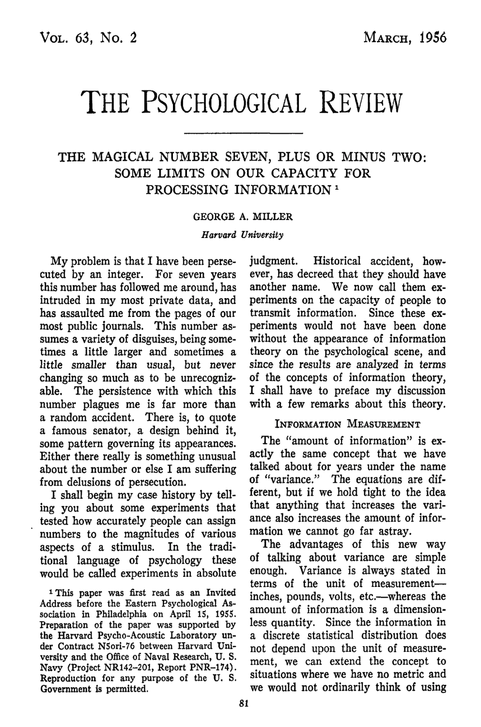 The Magical Number 7 Psychological Review