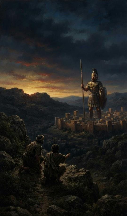 The spies of Numbers 13 looking up at an Anakim giant beside a walled city