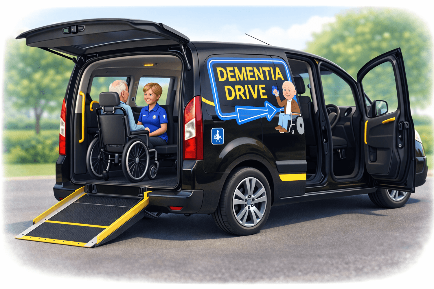 A wheelchair-accessible Dementia Drive vehicle with a passenger and companion