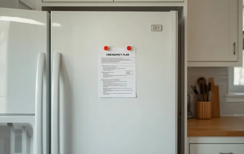 Ausgedruckter Notfallplan am Kühlschrank