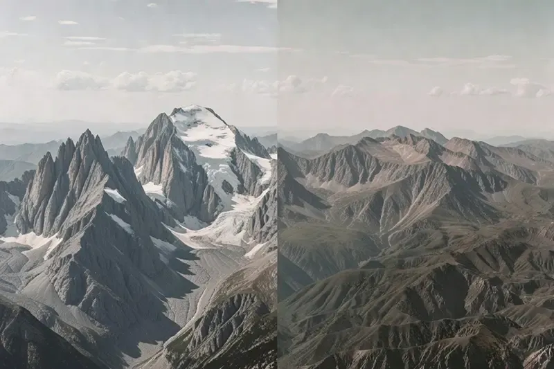 Photo de gauche les Alpes, paysage épigénétique jeune, fort contraste entre sommets pointus et acérés et vallées profondes, forte variabilité entre points hauts et points bas (certains sites très méthylés, d’autres très déméthylés) = cellules bien différenciées, tissus fonctionnels, régulation génique précise. Photo de droite les Pyrénées, paysage épigénétique plus âgé avec relief aplati, sommets arrondis / érodés, plus faible variabilité entre points hauts et points bas du relief (méthylation plus homogène / affaiblie sur beaucoup de sites) = perte de plasticité cellulaire, sénescence, inflammaging, dysfonctionnements.