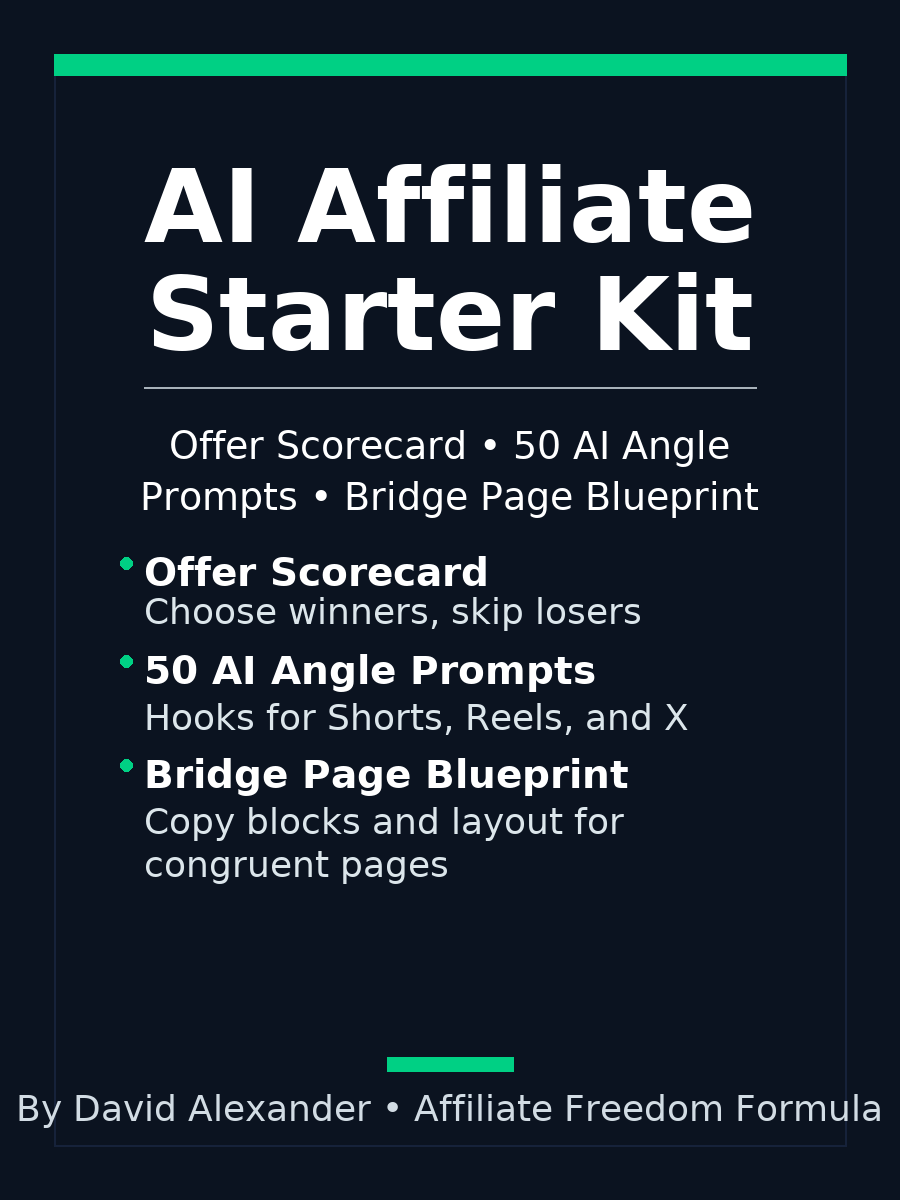 AI Affiliate Starter Kit cover – Offer Scorecard, Hooks, Bridge Page Blueprint.
