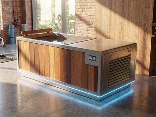 A wood-clad cold plunge tub with a built-in chiller