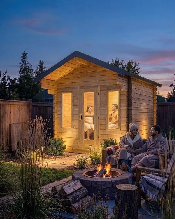 A Dundalk CT Palmer cedar cabin sauna lit at dusk beside a backyard fire pit