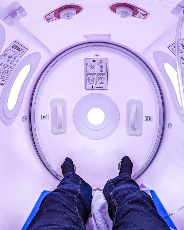 The inside of a hard-shell hyperbaric chamber
