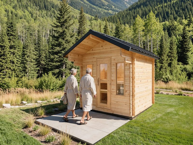 Two people in robes walking to a Dundalk CT Palmer cedar cabin sauna in a backyard