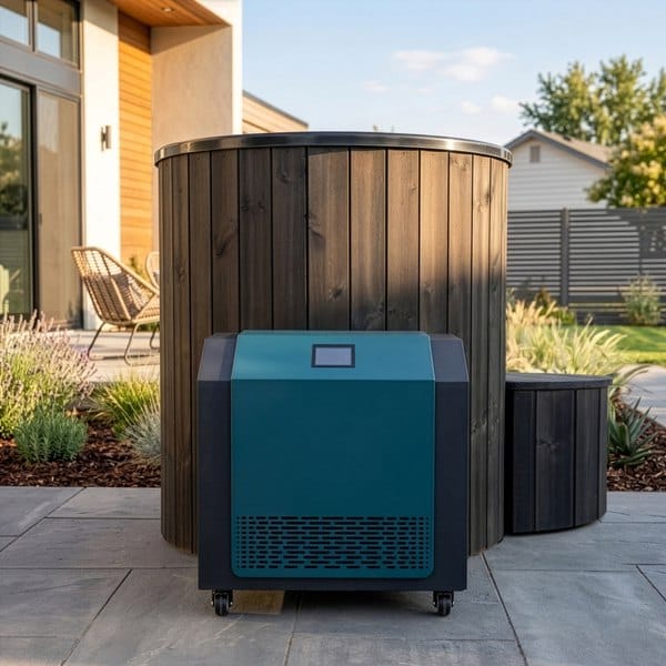 SaunaLife S1 cold plunge tub with its chiller on a backyard patio