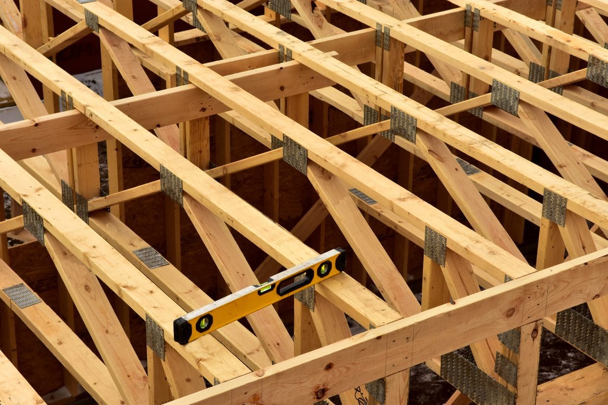 Wood floor joists in a house under construction