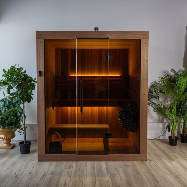 Dundalk CT Element Studio indoor sauna with a full glass front