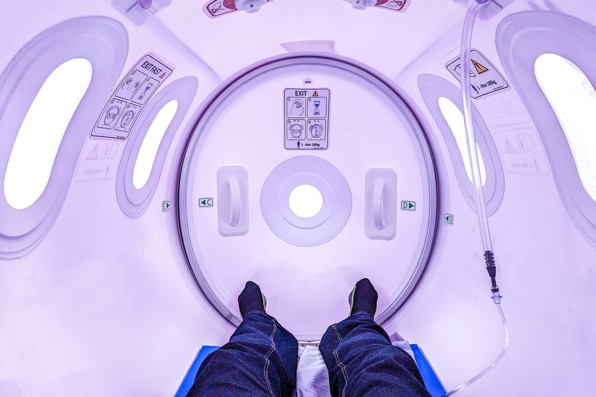 The view from inside a hard-shell hyperbaric chamber