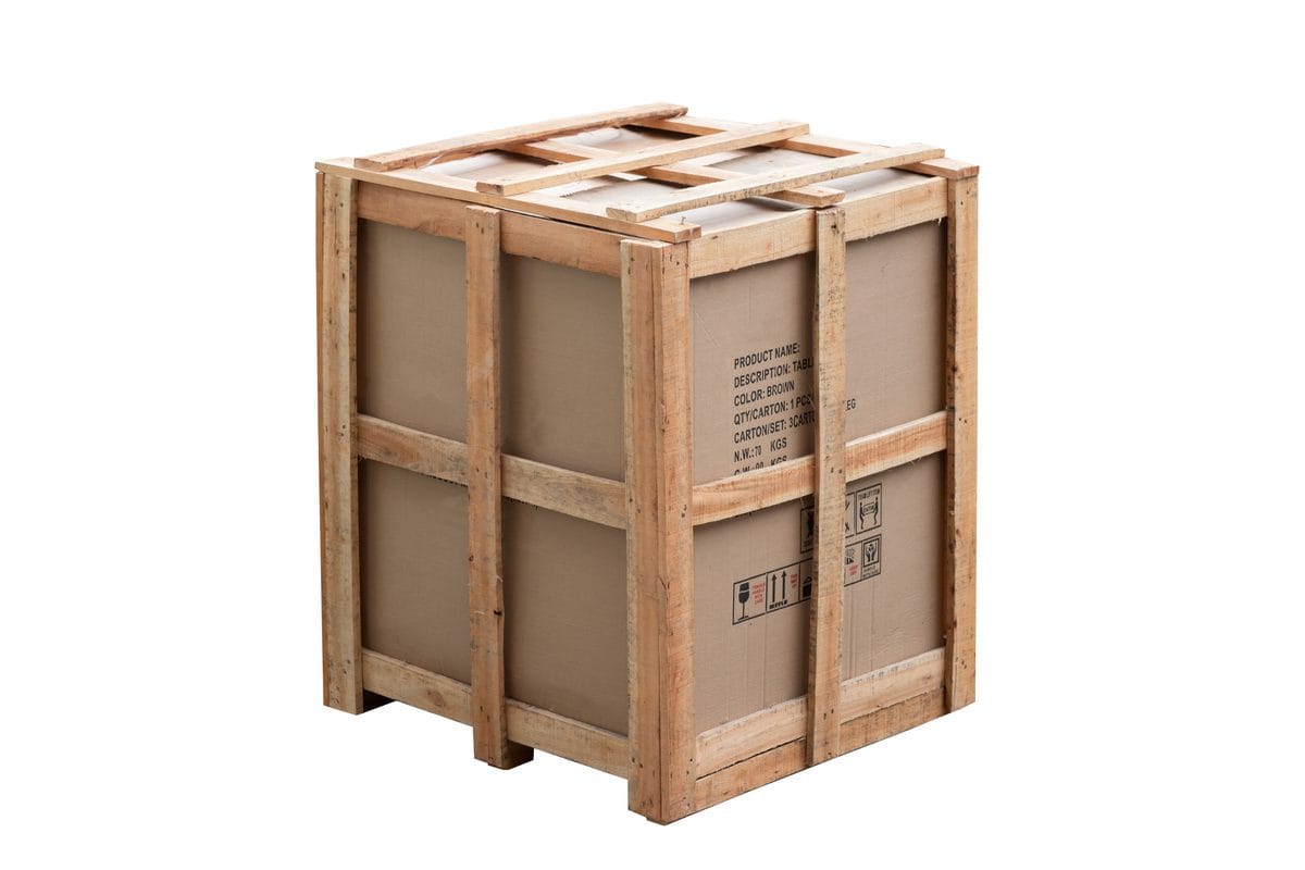 A wooden shipping crate built around a boxed load