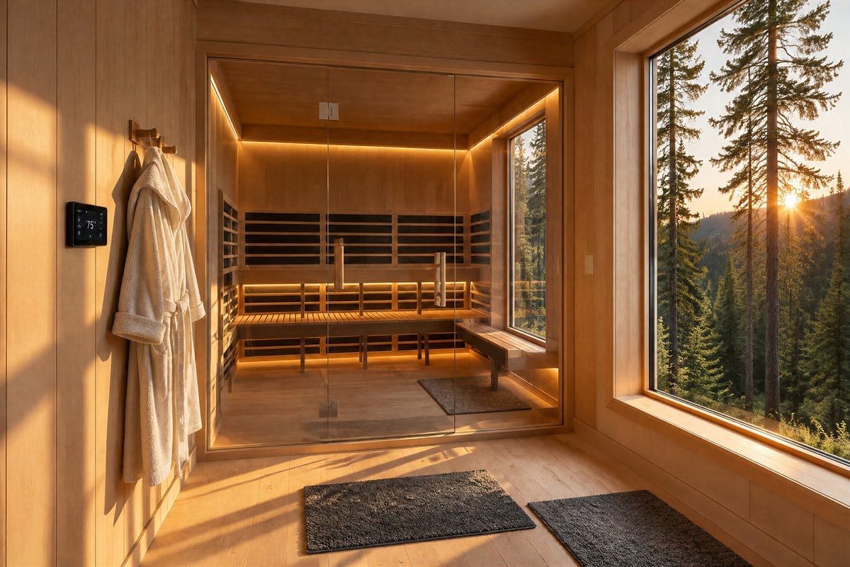 Design rendering of a custom sauna with a large window looking out to pine trees