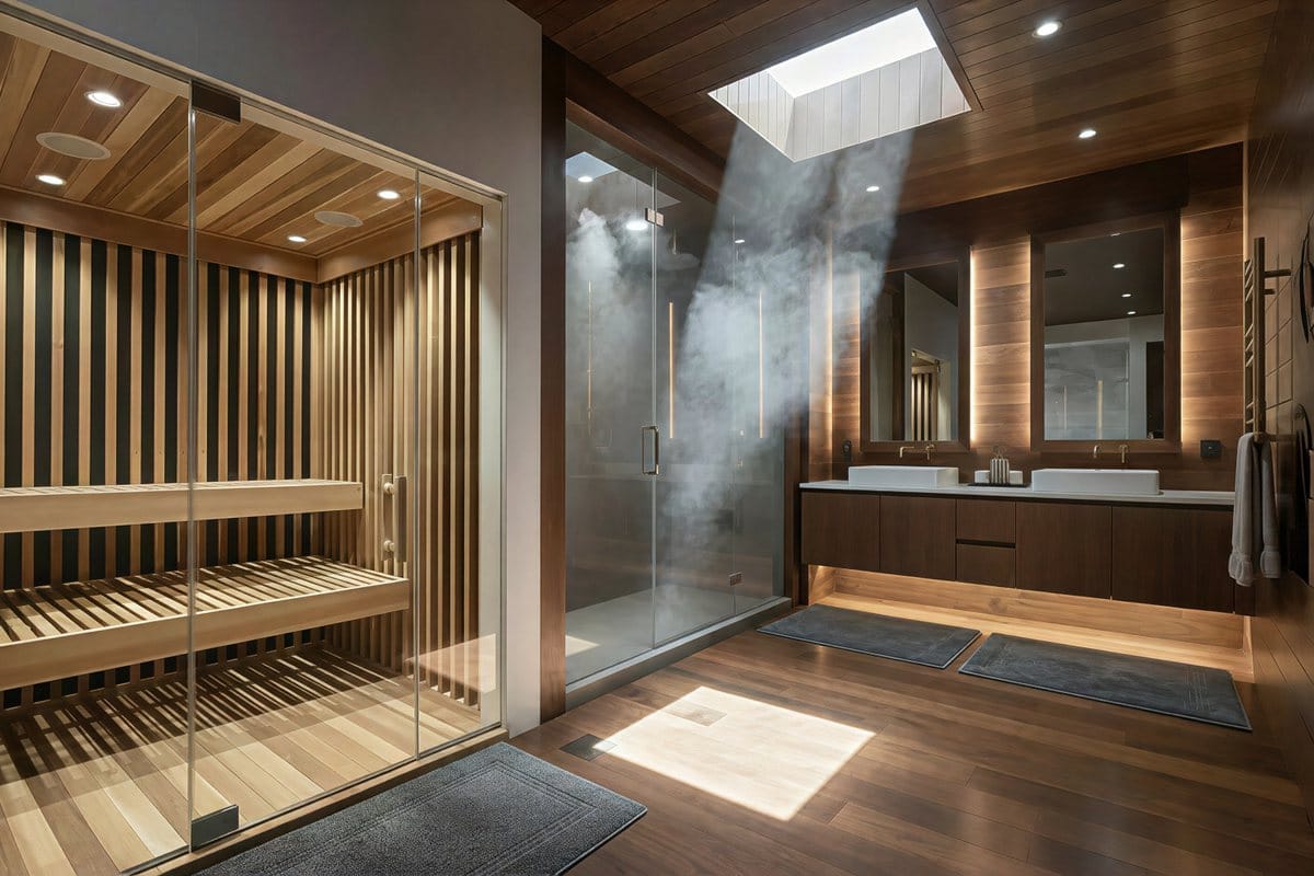 Design rendering of a cedar sauna with glass walls inside a bathroom with a skylight