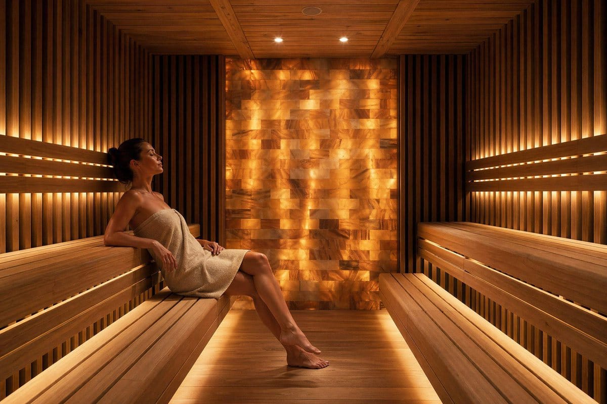 Inside a SaunaCloud custom sauna: a woman reclining on long wooden benches beside a lit stone wall