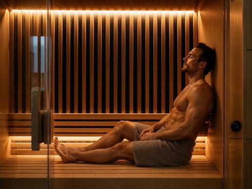 A man resting on the bench of a lit cedar sauna