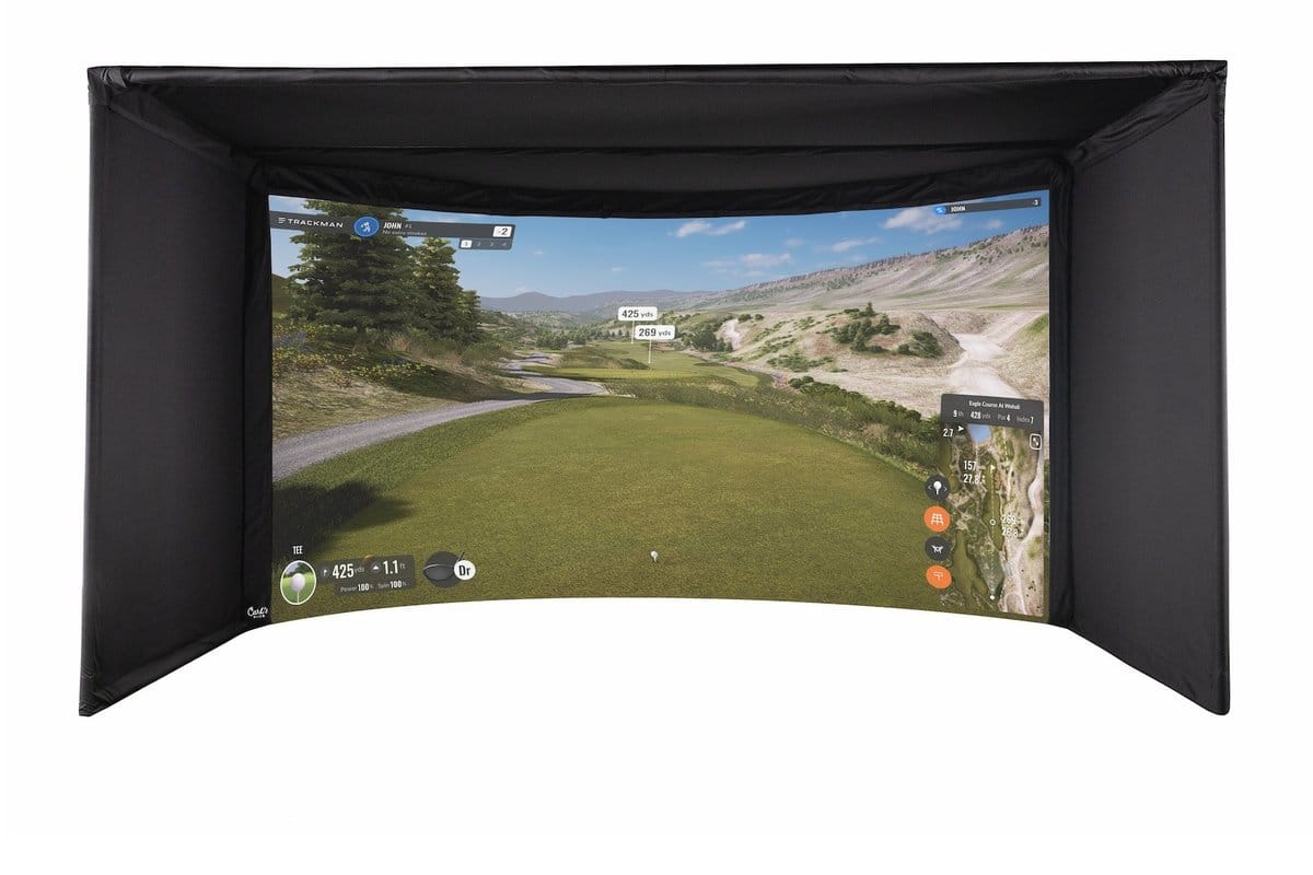 Carl's Place Curved Golf Enclosure Kit with a golf course on its curved screen