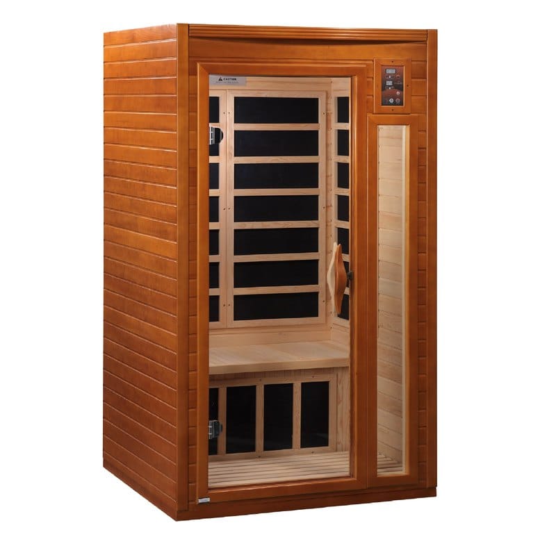 Dynamic Barcelona infrared sauna cabin with a glass door and a bench inside