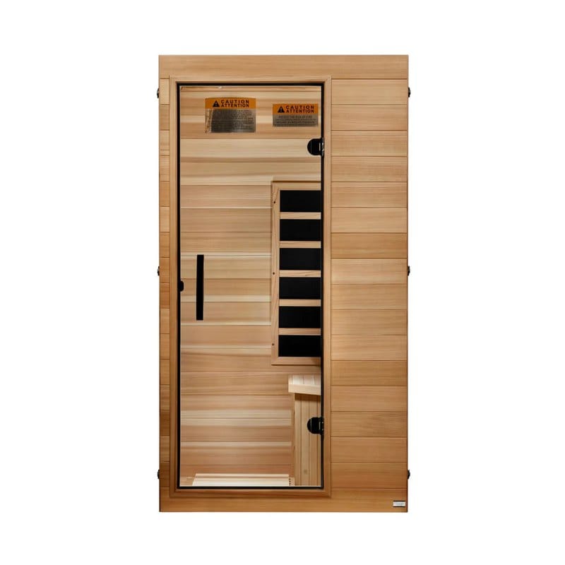 Front view of the Dynamic 1 Person Compact infrared sauna, sold at SaunaKits as the Dynamic Sicily, with its glass door