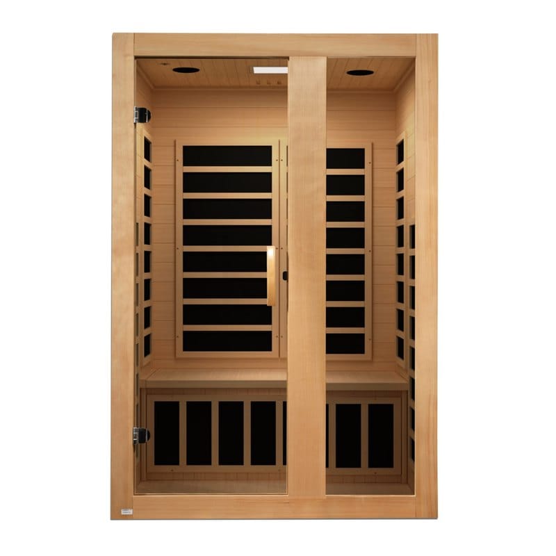 Front view of the Dynamic Serena two-person infrared sauna with glass doors and heater panels inside