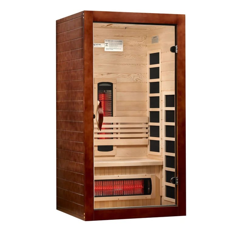 Dynamic Santorini full-spectrum infrared sauna with a glass door and two heaters glowing red inside