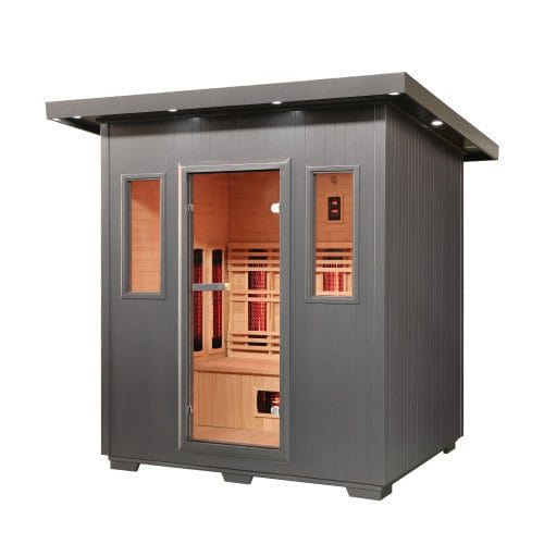 Gray SunRay Pacific 400D6 cabin with a flat overhanging roof with downlights, a glass door and two narrow windows, on a white background
