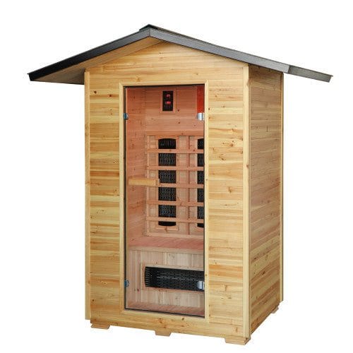 SunRay Burlington 200D3 light wood cabin with a dark peaked roof and a single glass door, on a white background