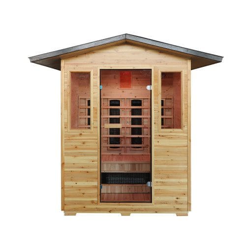 SunRay Grandby 300D3 light wood cabin with a dark peaked roof, a glass door and two side windows, on a white background