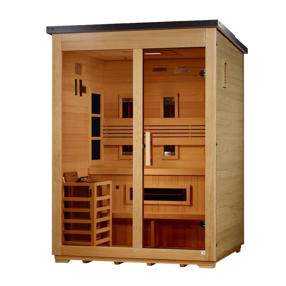 Golden Designs Carinthia GDI-8023-01 light wood cabin with a dark roof and a glass front showing the stove guard and infrared panels, on a white background