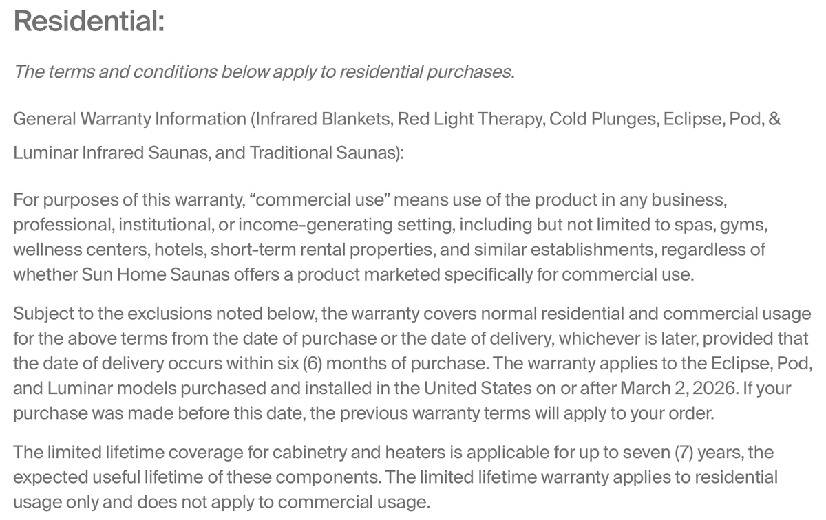 Sun Home's warranty page: limited lifetime coverage for cabinetry and heaters applies for up to seven years, for residential use only