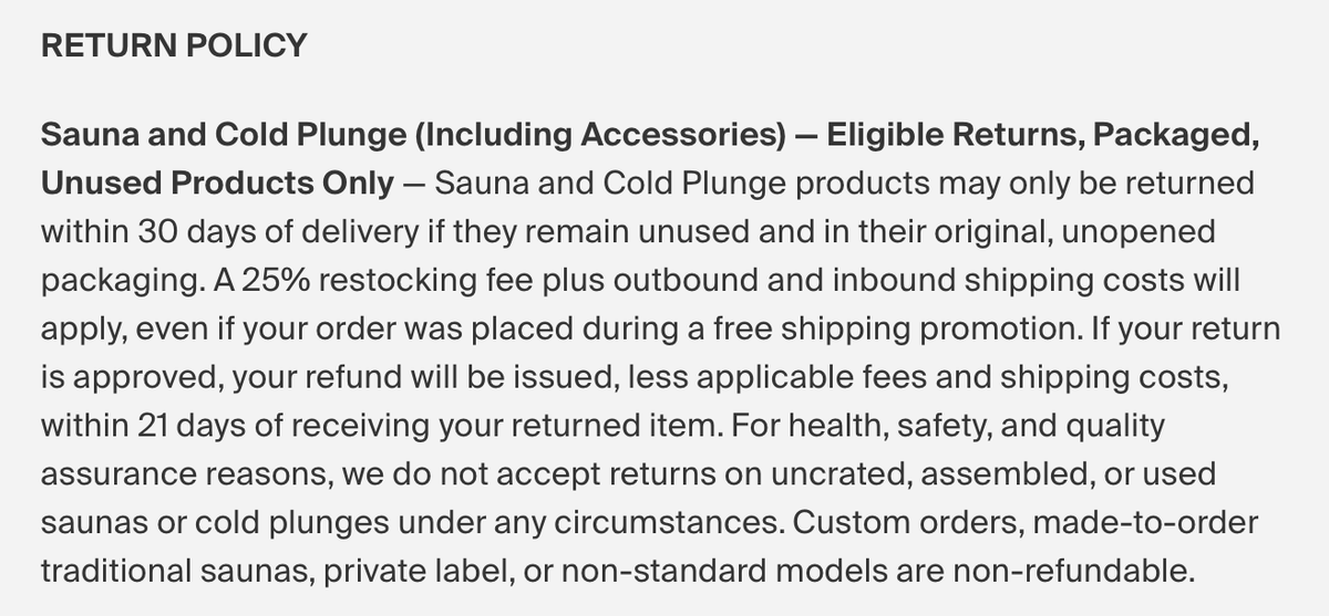Sun Home's refund policy: sauna and cold plunge returns only within 30 days of delivery, unused and unopened, with a 25% restocking fee plus shipping both ways