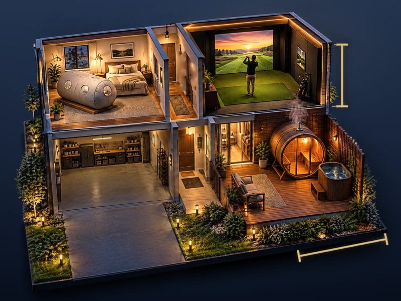 Cutaway of one home at dusk showing a golf simulator room, a guest room with a soft home hyperbaric chamber, a garage, and a barrel sauna and cold plunge on the back deck