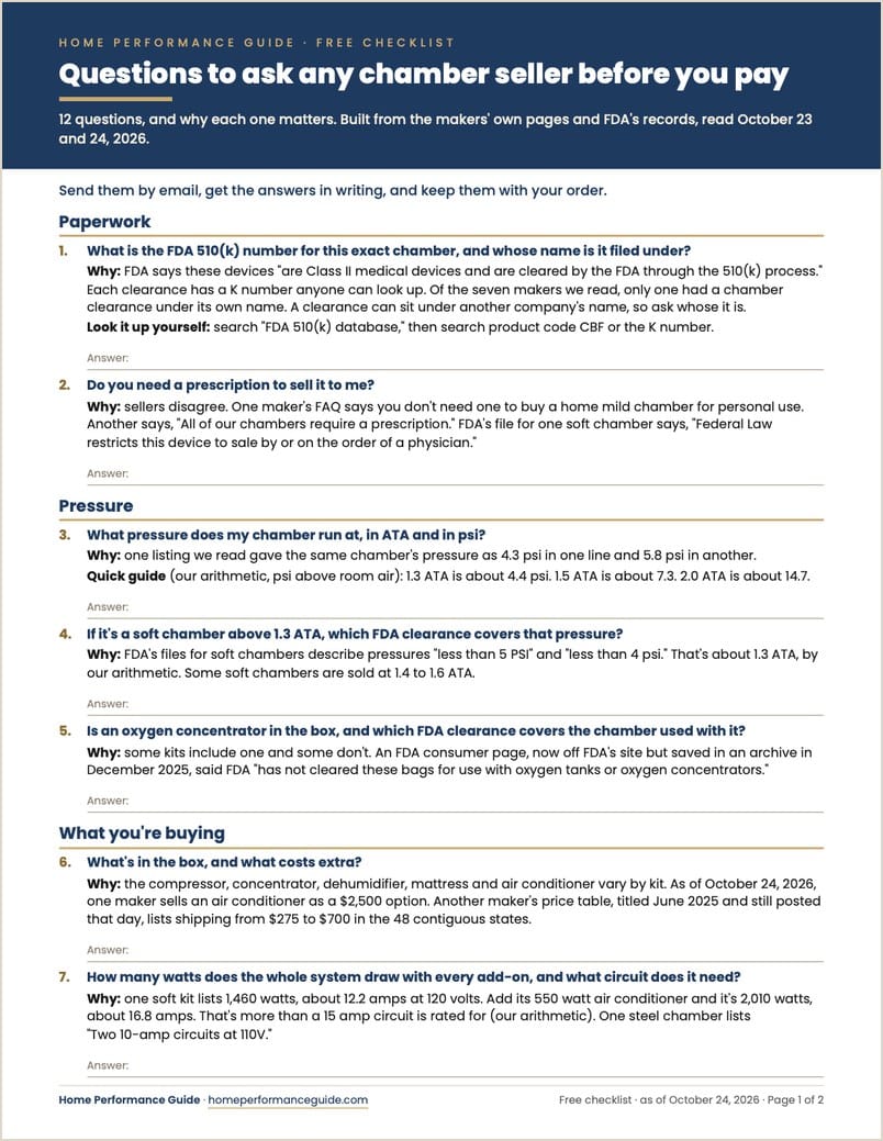 First page of the free chamber seller checklist: 12 questions to ask before you pay
