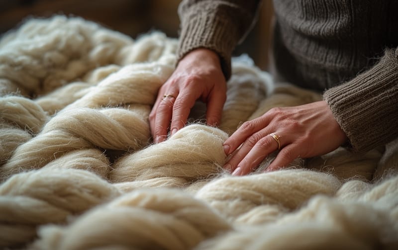 hands carding raw sheep wool artisan workshop