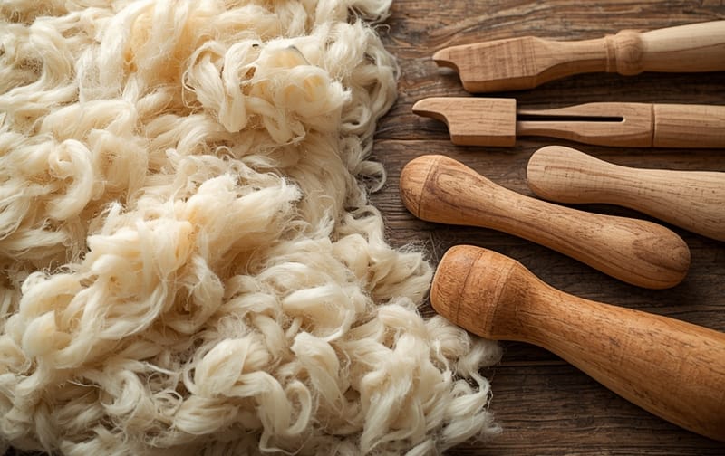natural white wool fibers wooden artisan tools