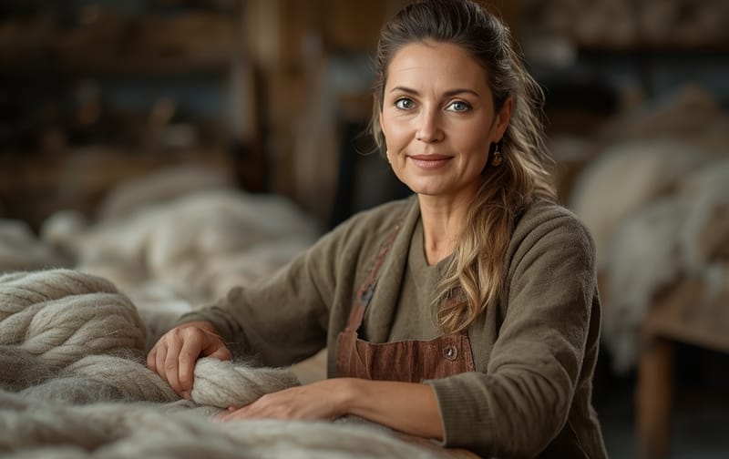 female artisan in warm wool workshop portrait