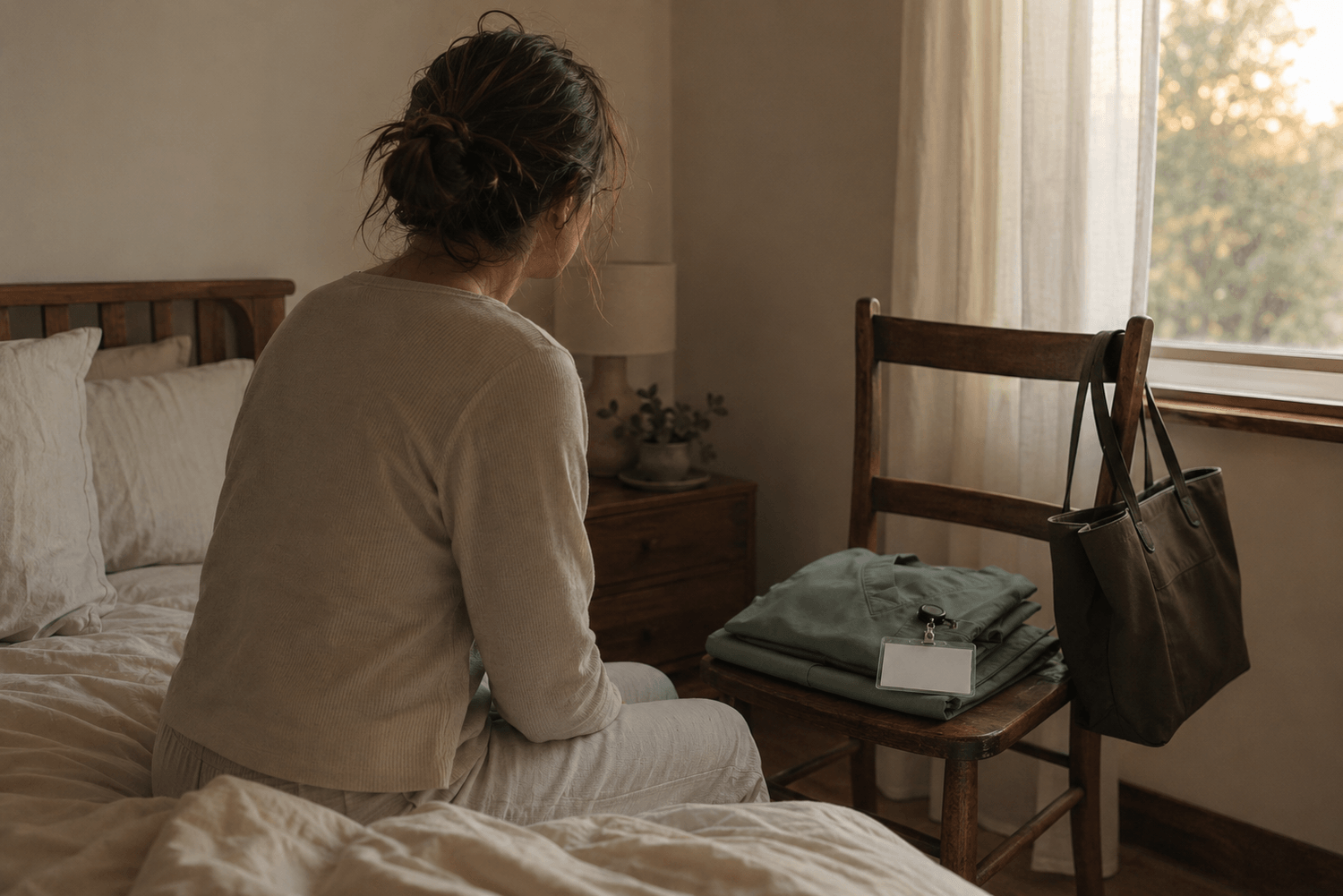 Une professionnelle de santé au début d’une nouvelle journée, face à sa tenue de travail
