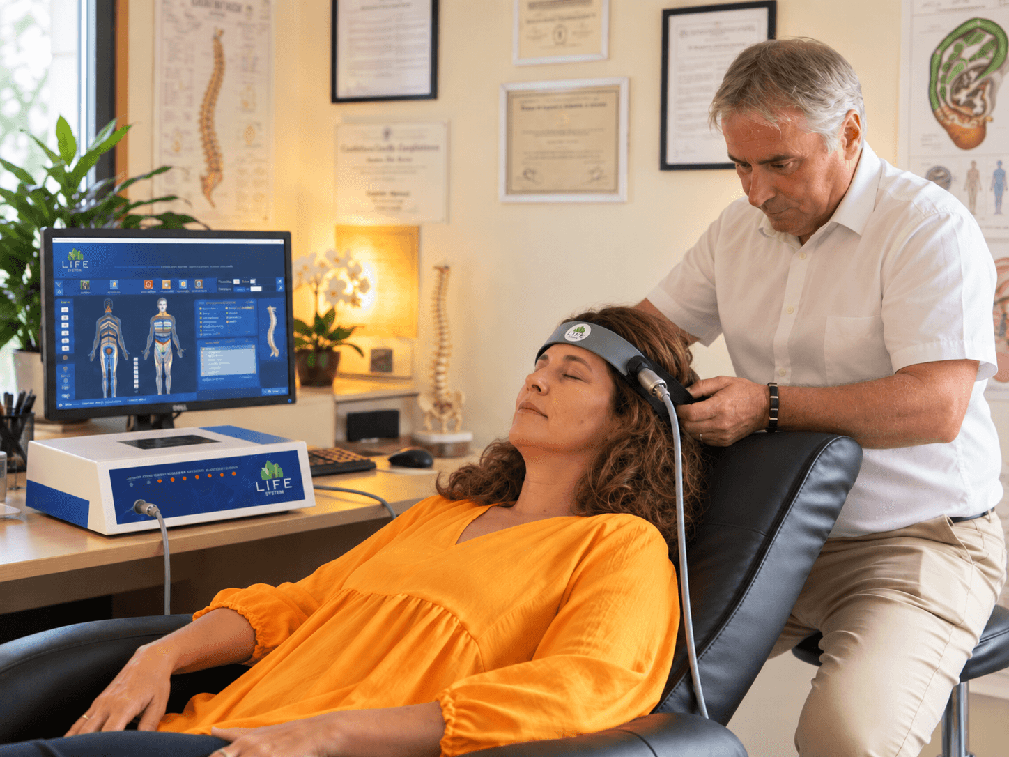 LIFE System avec ordinateur et personne équipée du harnais de biofeedback