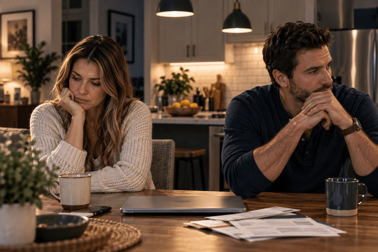 A couple sitting together after a tense conversation about household finances
