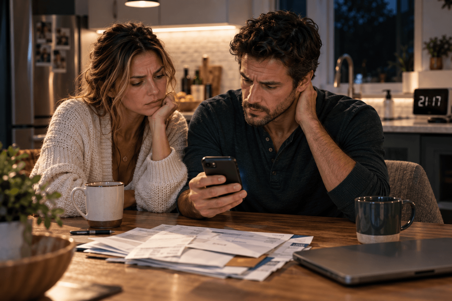 A couple reviewing a banking app at the kitchen table late in the evening